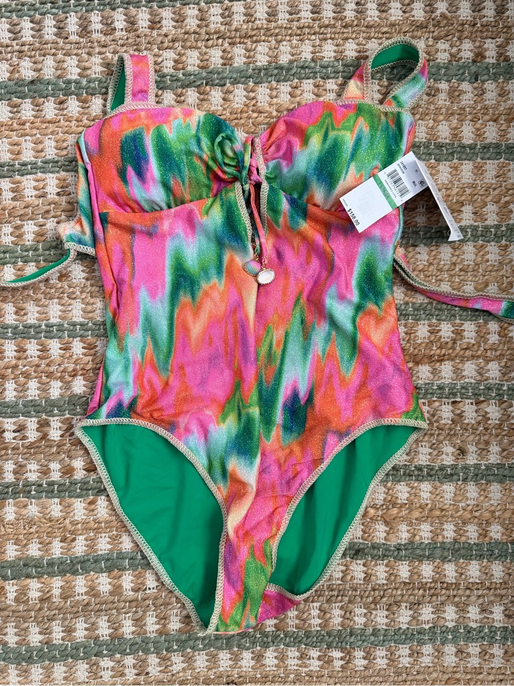 Women’s One-Piece Swimsuit — Multicolor Wave Print (Green Accents)